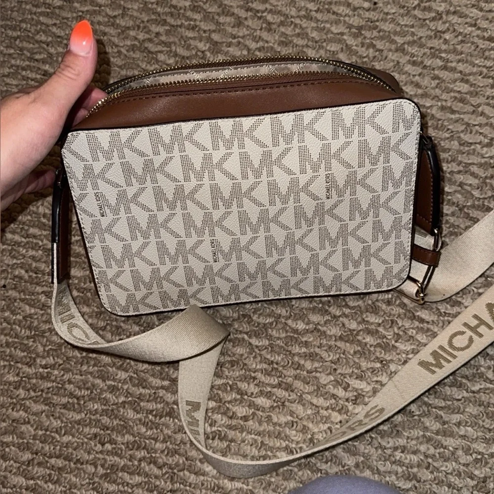 Michael Kors Collection White Logo Canvas and Brown Leather Crossbody - Picture 3 of 4